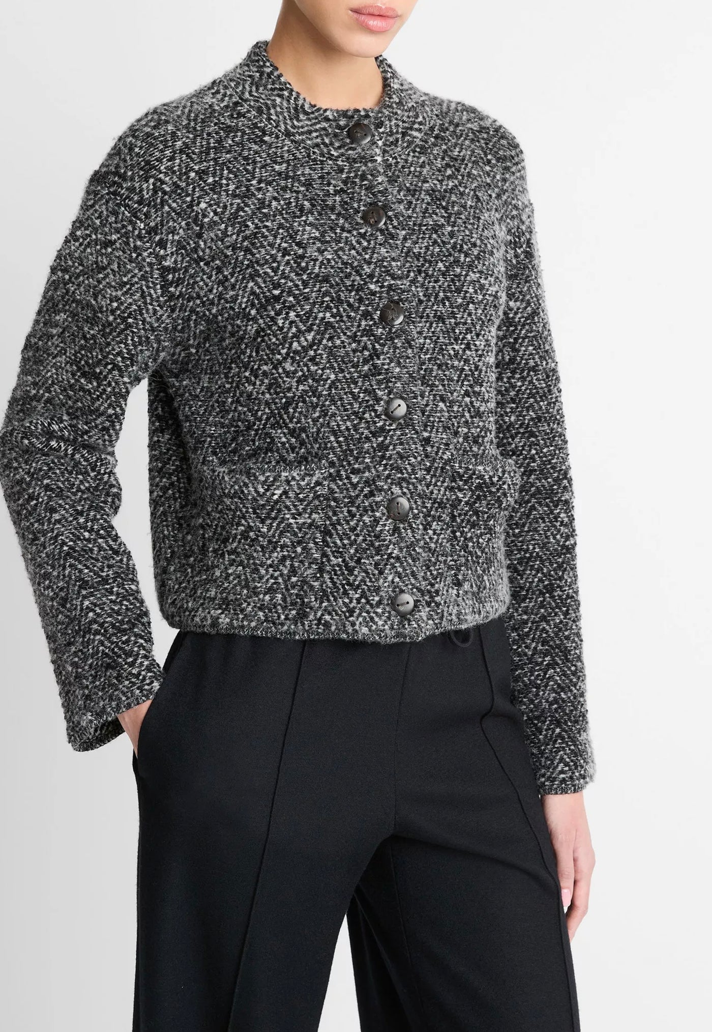 Herringbone Textured Cardi Jacket - Black/Off White sold by Angel Divine