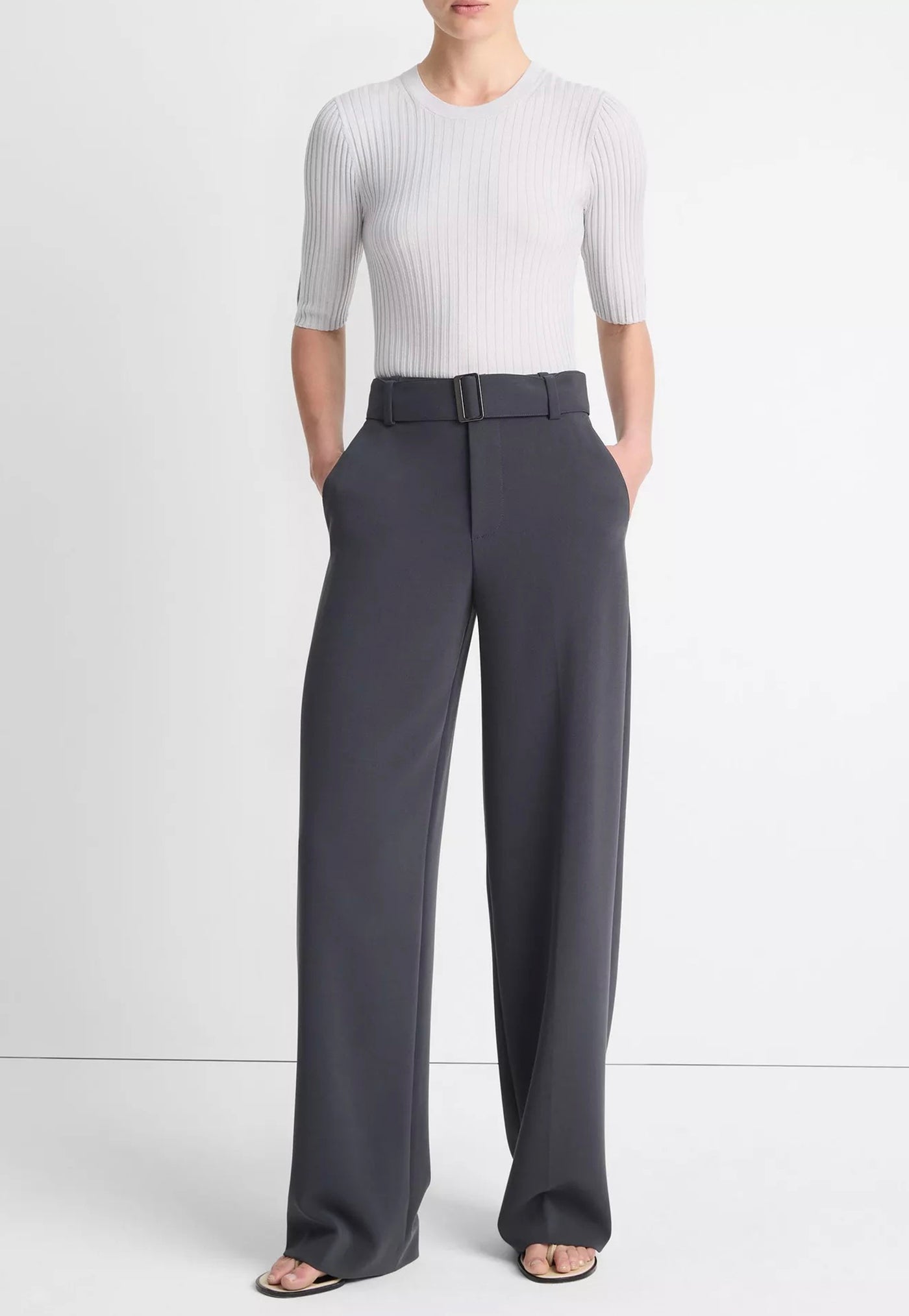 High Waisted Belted Wide Leg Trouser - Graphite sold by Angel Divine