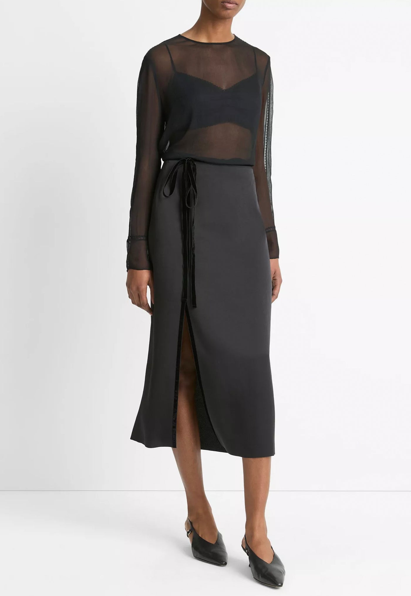 Velvet Trim Side Slit Skirt - Black