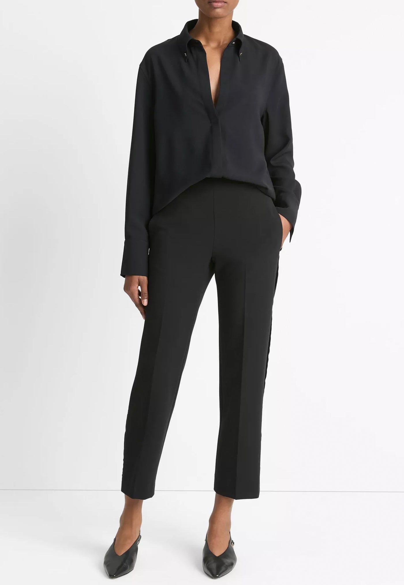 Embellished Point-Collar Crepe Shirt - Black