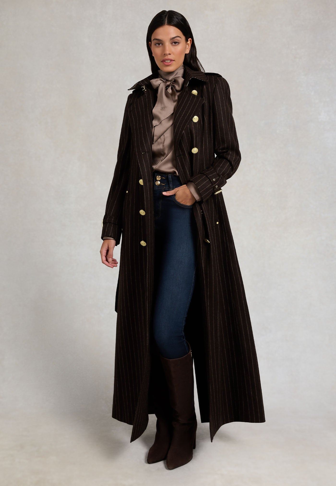 Marlborough Trench Coat Full Length - Chocolate Pinstripe