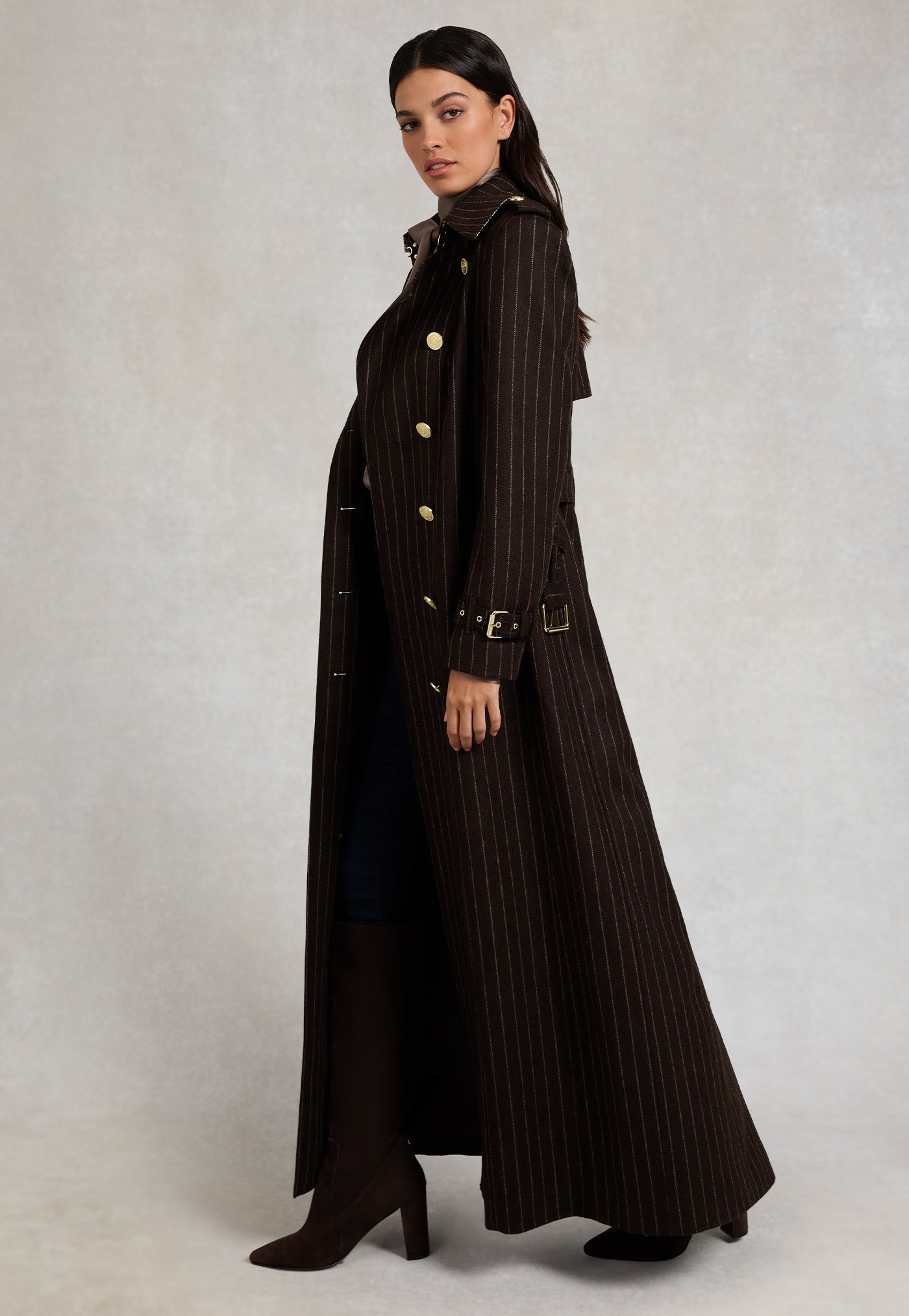 Marlborough Trench Coat Full Length - Chocolate Pinstripe