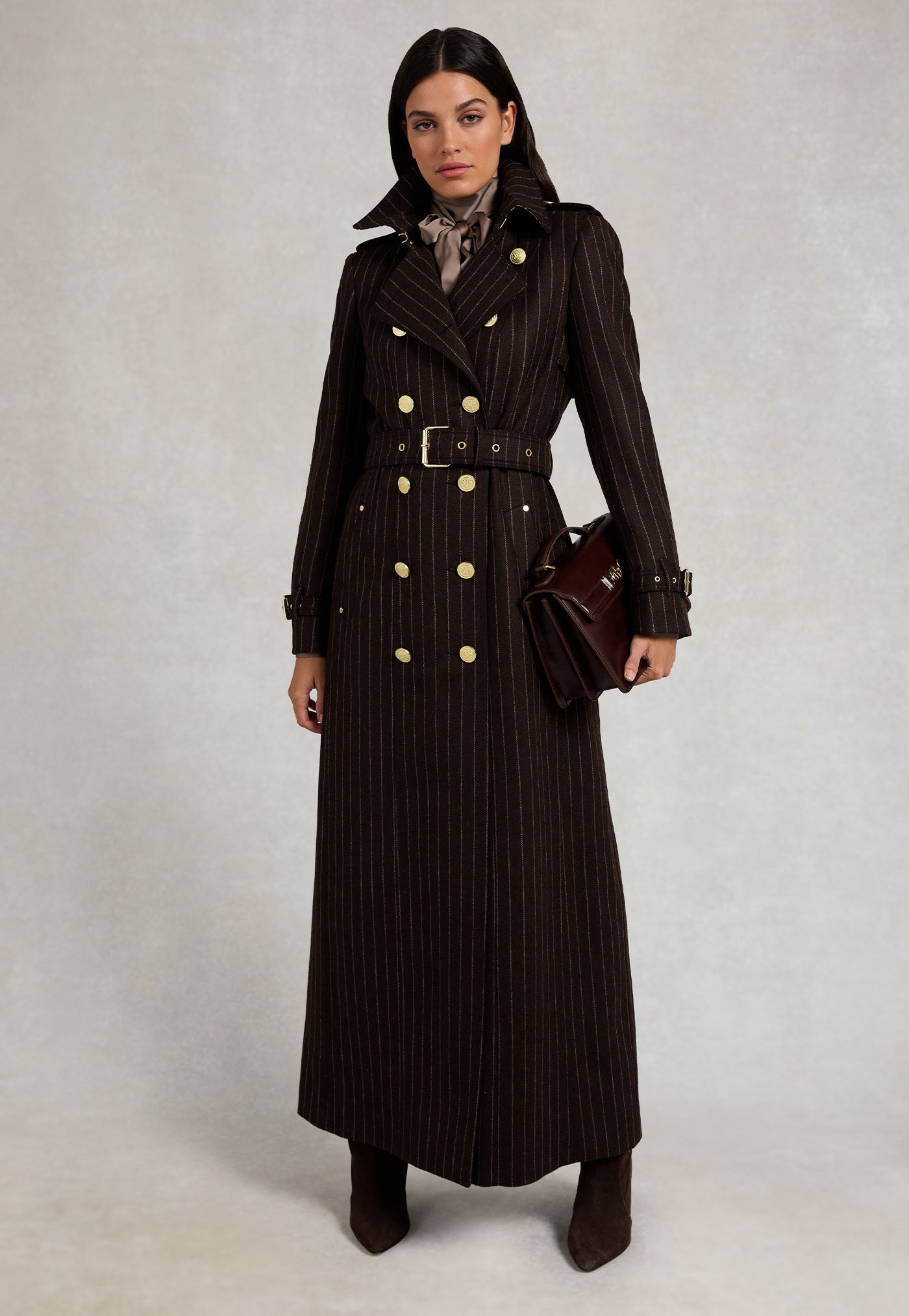 Marlborough Trench Coat Full Length - Chocolate Pinstripe