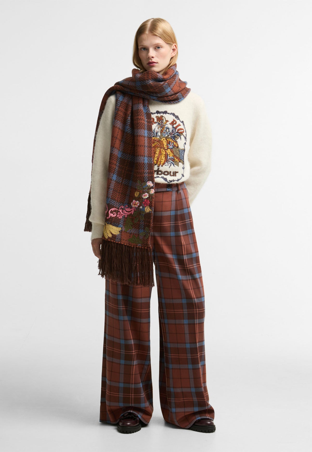 Barbour x FARM Rio Allamanda Tartan Wide Leg Trousers in Tropical Tea Tartan, tartan wide leg trousers.