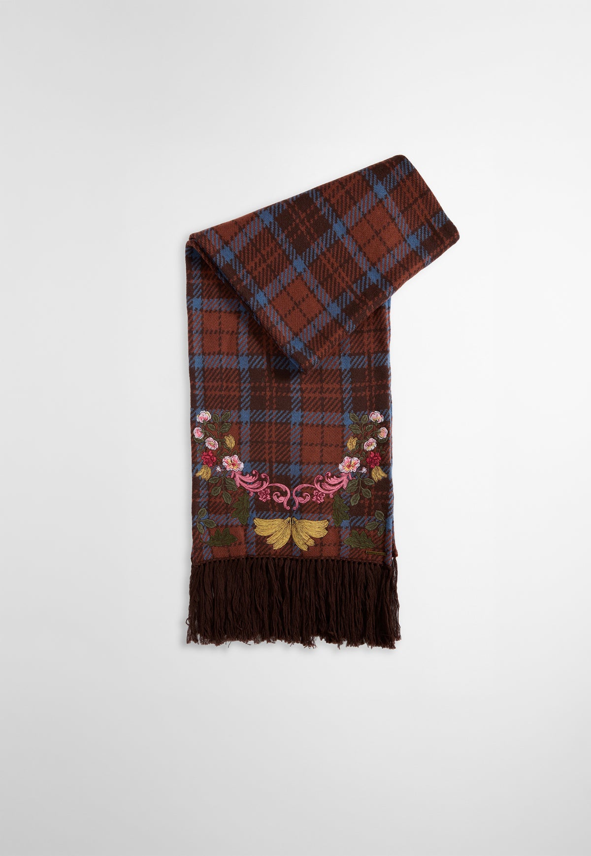 Barbour x FARM Rio Angelonia Scarf in Tropical Tea Tartan, tartan merino wool scarf with floral appliqué stitching.