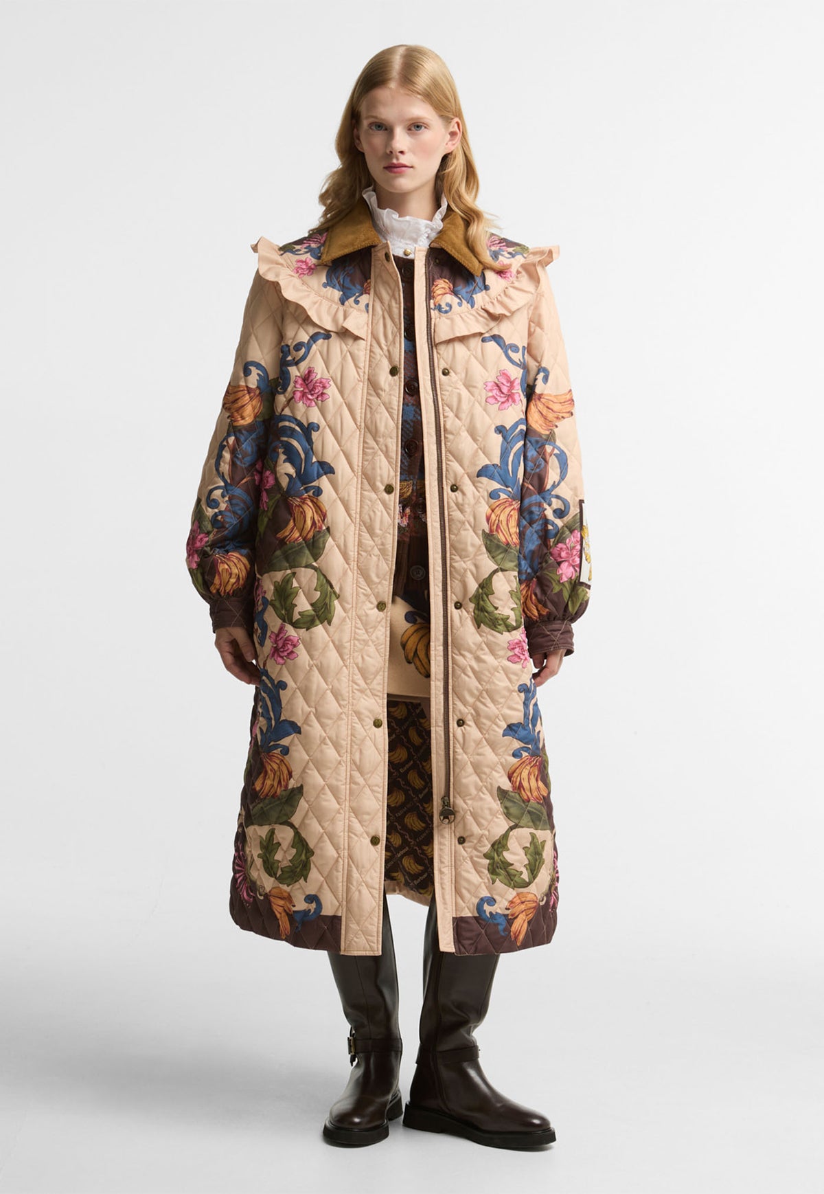 Barbour x FARM Rio Dania Longline Quilted Jacket in Bloom in Between, floral print longline quilted jacket with mini frill detailing and voluminous sleeves.