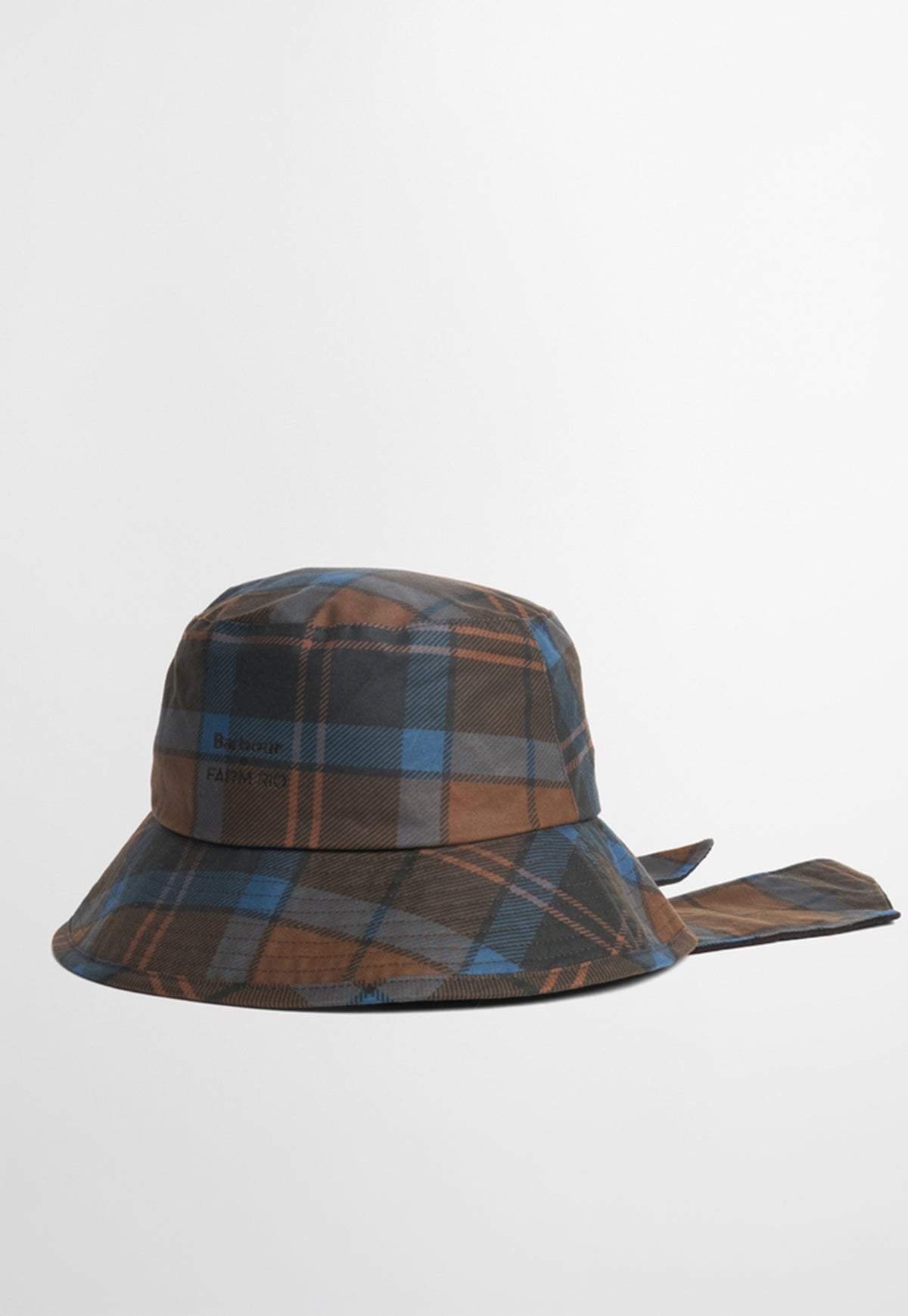 Barbour x FARM Rio Leonoria Bucket Hat in Tropical Tea Tartan, tartan waxed cotton bucket hat.