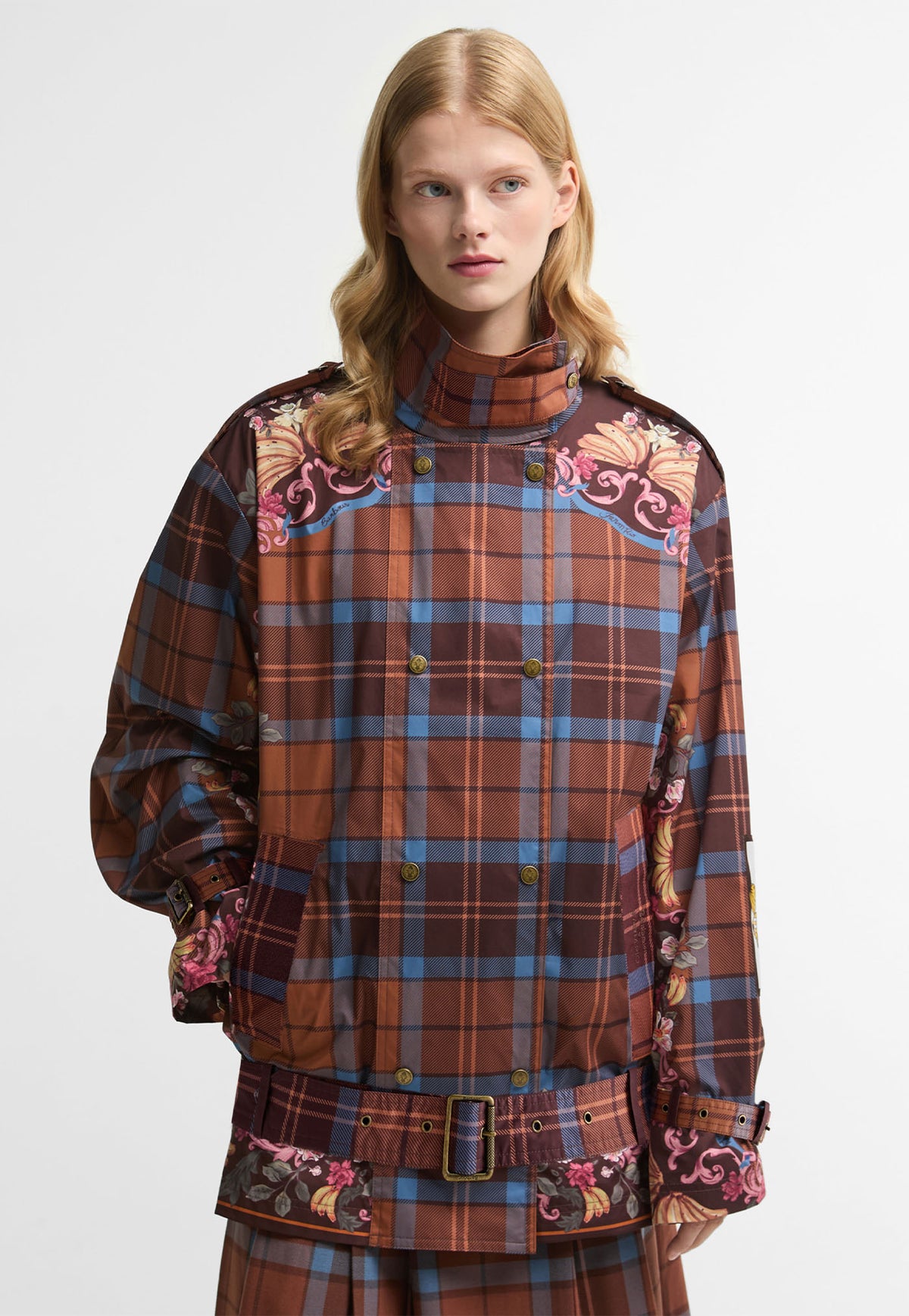 Barbour x FARM Rio Petrea Belted Showerproof Jacket in Tropical Tea Tartan, blue & brown tartan print oversized double breasted trench style jacket with belted dropped waist.
