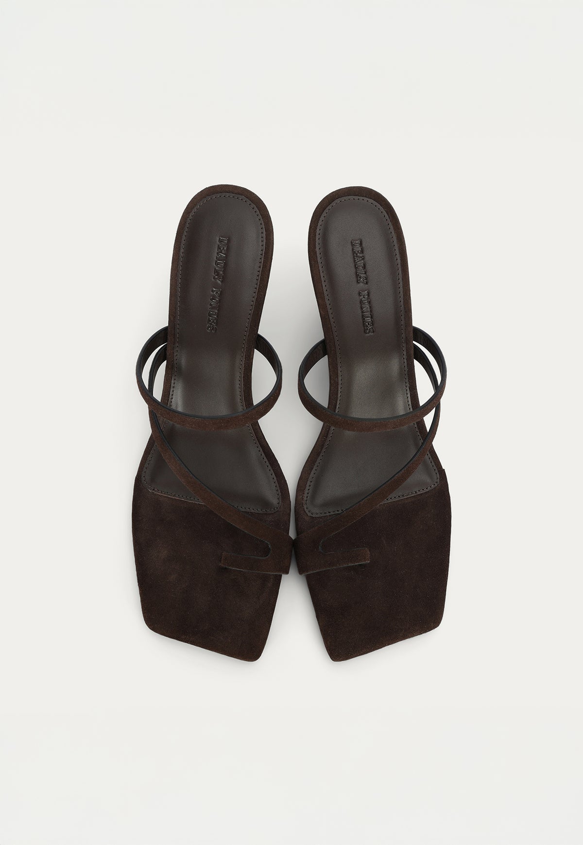 Top view of the Deadly Ponies Ariadne Wedge in Java Suede featuring a lamb nappa leather footbed.