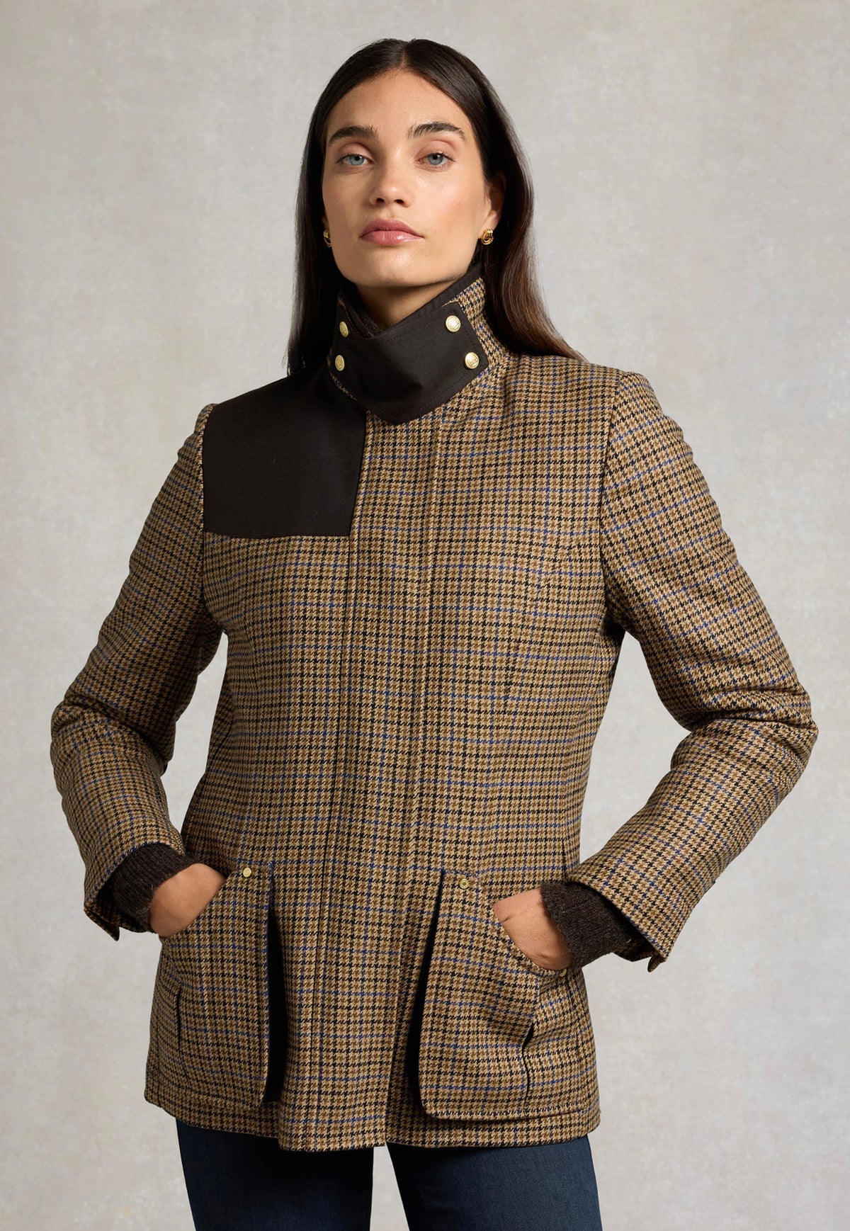 Holland Cooper Country Classic Jacket in Abbot Check Tweed, showing the checked wool fabric and contrasting waxed collar and storm flap.