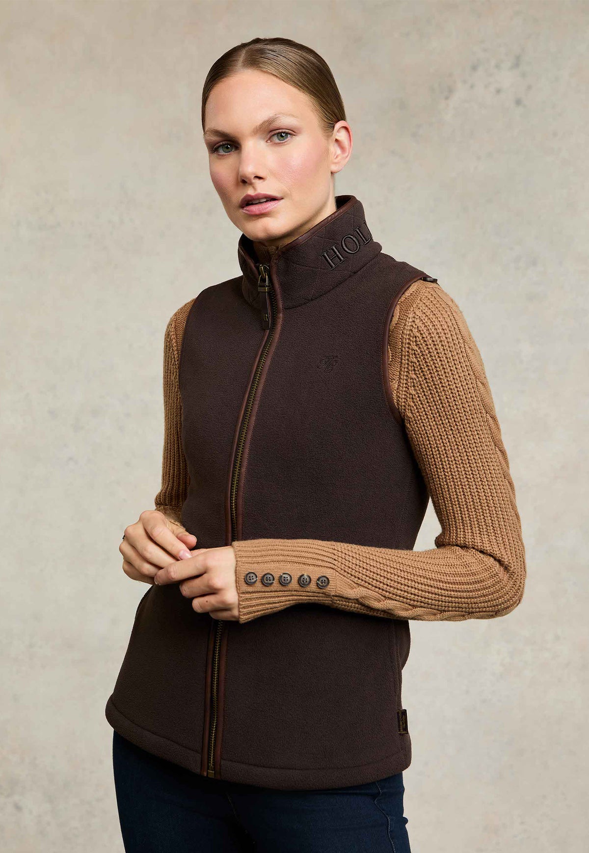 Holland Cooper Country Fleece Gilet in Chocolate, dark brown polar fleece gilet with faux leather piping