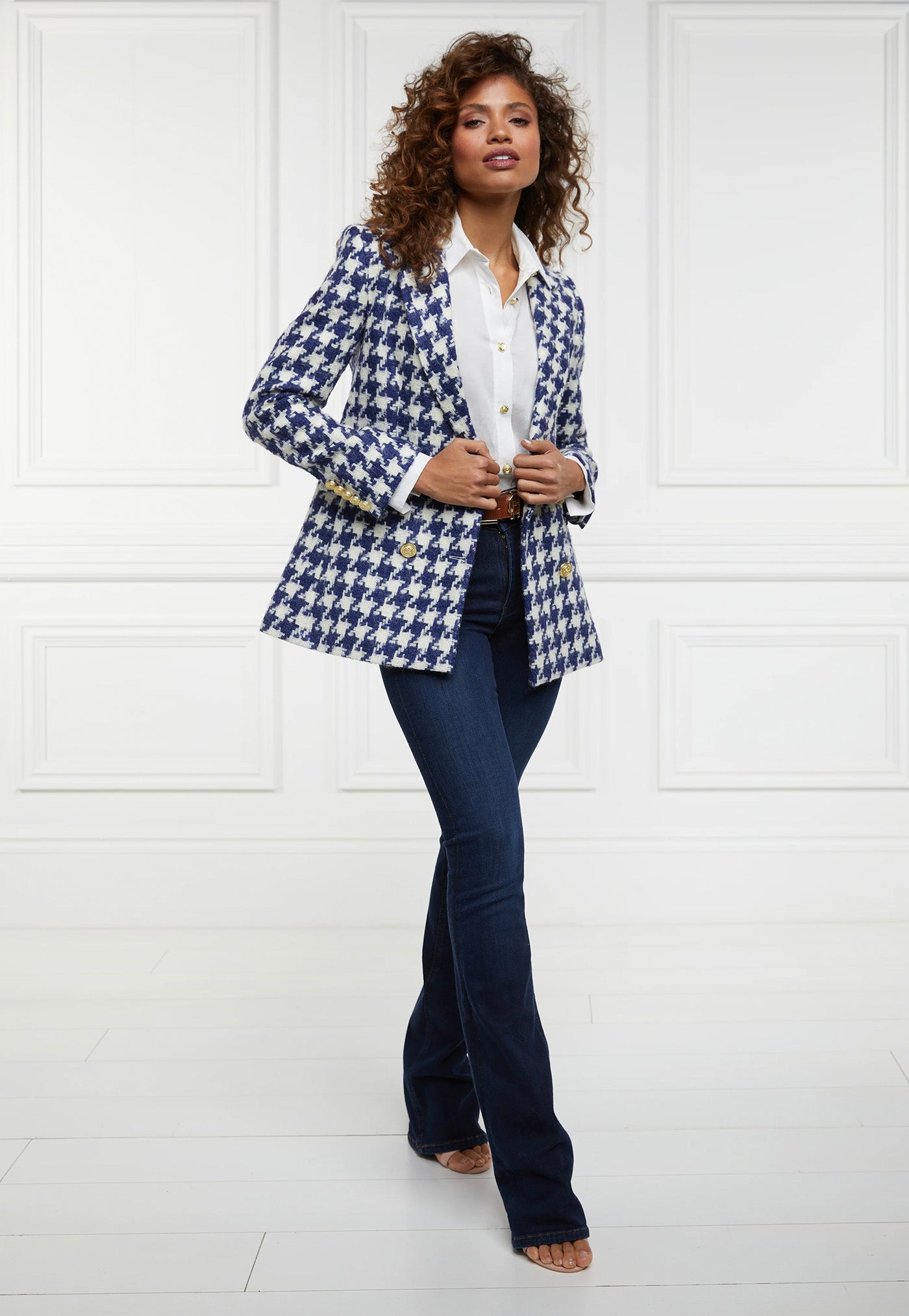 Double Breasted Blazer - Large Scale Navy Houndstooth sold by Angel Divine