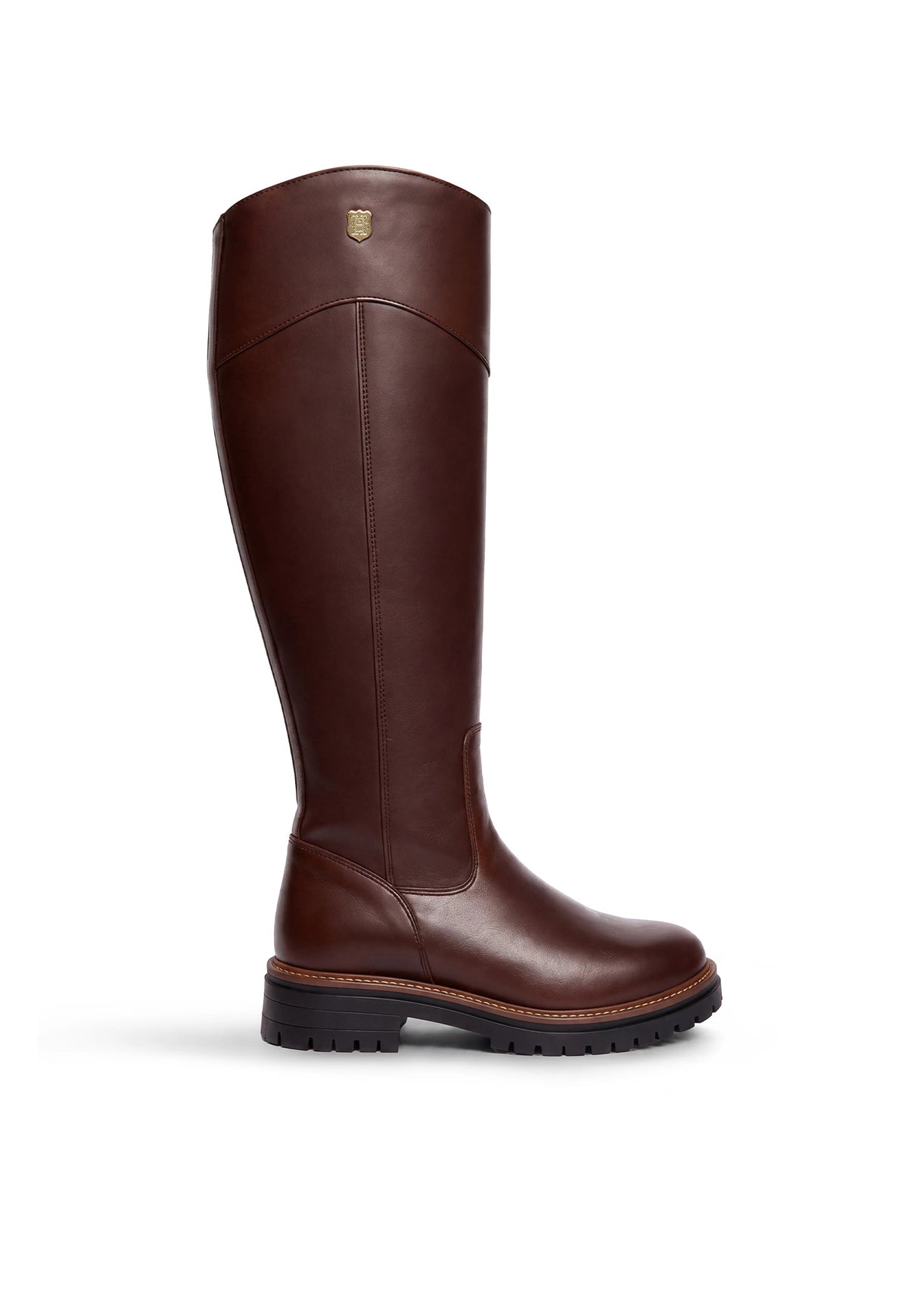 Holland Cooper Hampton Boot in Nutmeg, tan brown knee high leather riding style boot with curved top line, gold hardware and treaded sole.