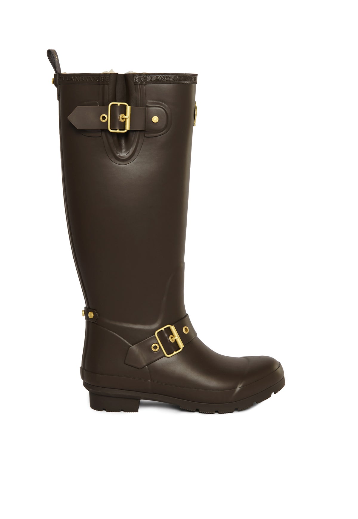 Holland Cooper Sherpa Lined Regency Wellington in Chocolate Matte Gold, dark brown matte rubber wellington boot with sherpa lining, strap detail and gold hardware.