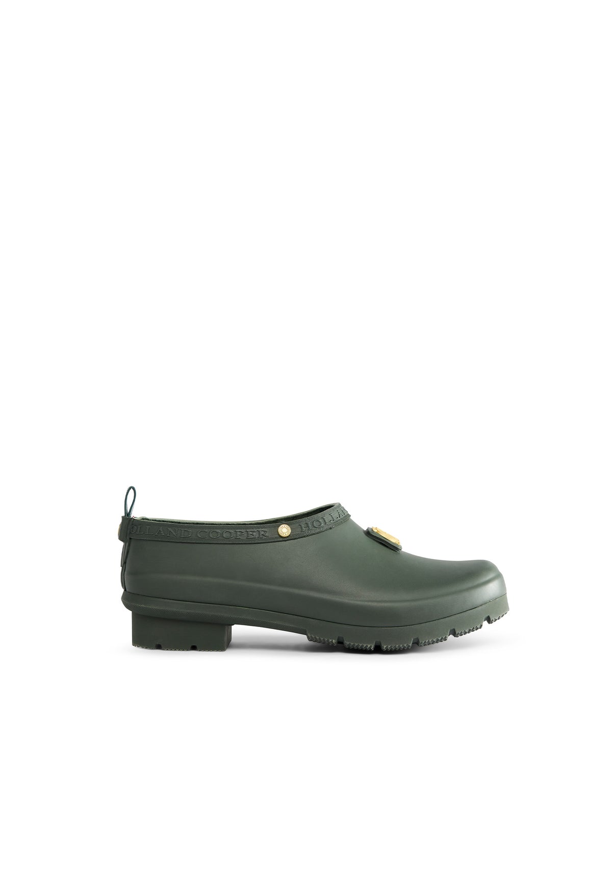 Holland Cooper Gardening Loafer in Dark Pine, dark green waterproof rubber slip on loafer with traction grip sole.