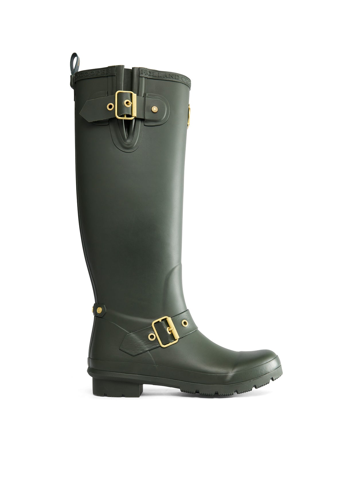 Holland Cooper Regency Wellington in Dark Pine, dark green matte rubber knee length wellington boot with gold hardware and adjustable side strap.