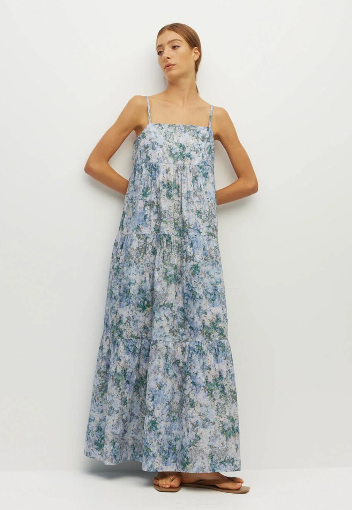 Juliette Hogan Rosa Dress in Cloud Flower Cotton Frosted Sky, printed cotton maxi dress with fine straps and tiered skirt.
