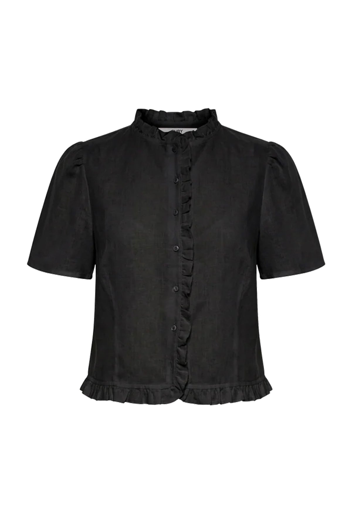 RUBY Arlo Linen Top in Black, short-sleeve linen blouse with ruffle neckline, button-front closure and semi-cropped fit.