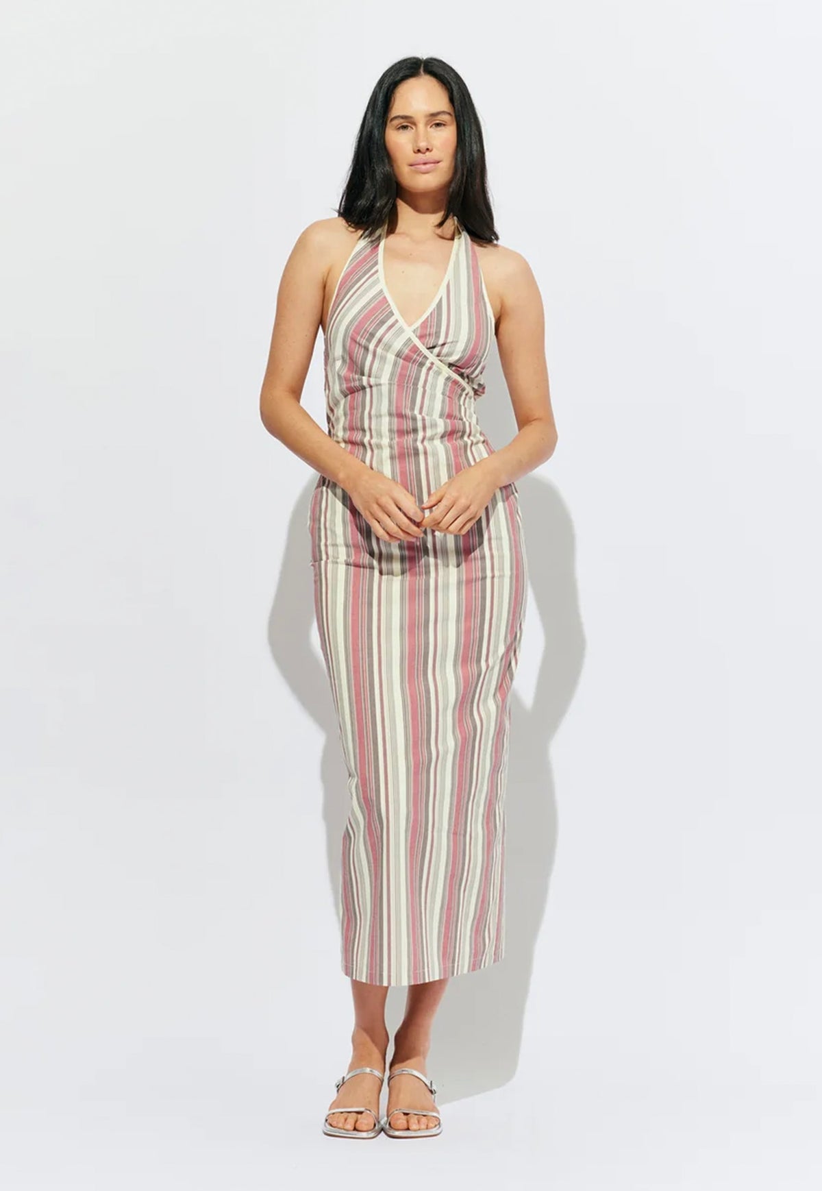 RUBY Joey Dress in Anise Stripe, fitted halter-neck midi dress with crossover bust, contrast binding and ruched waist.