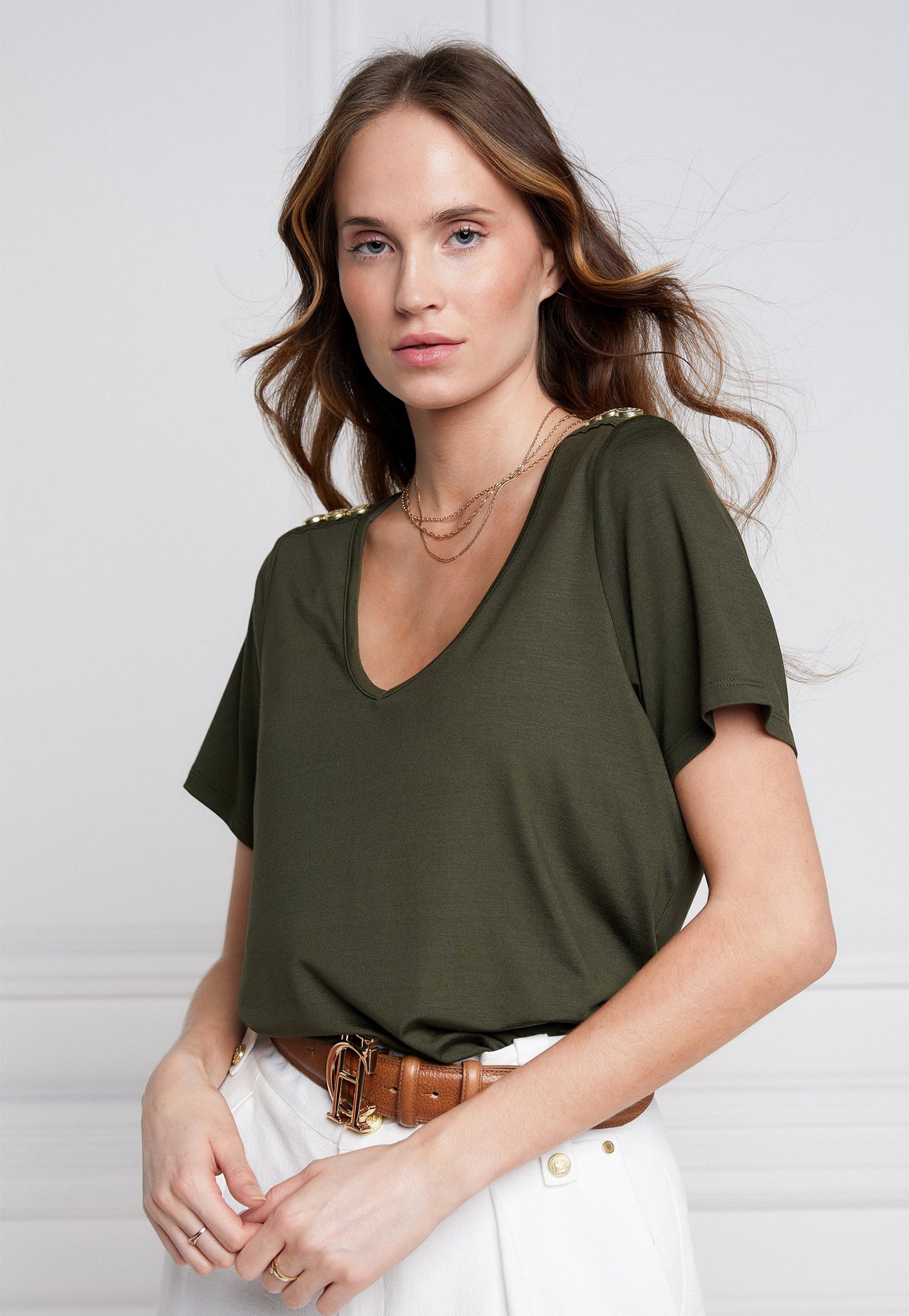 Relaxed Fit V Neck Tee - Khaki sold by Angel Divine