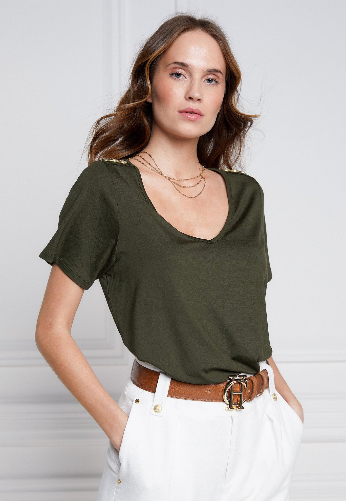 Relaxed Fit V Neck Tee - Khaki sold by Angel Divine