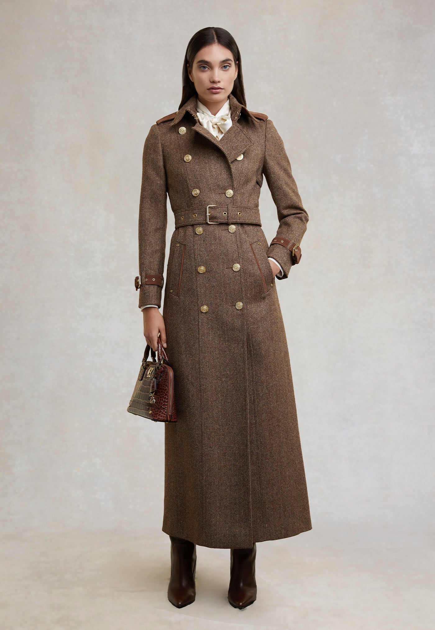 Marlborough Trench Coat Full Length - Large Scale Brown Herringbone