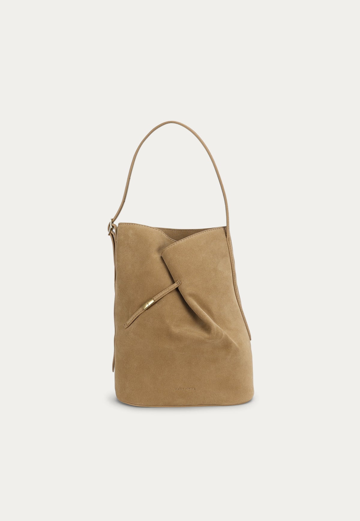 Front view of the Deadly Ponies Clippity Tote in Oat Suede featuring a folded front and brass clasp.