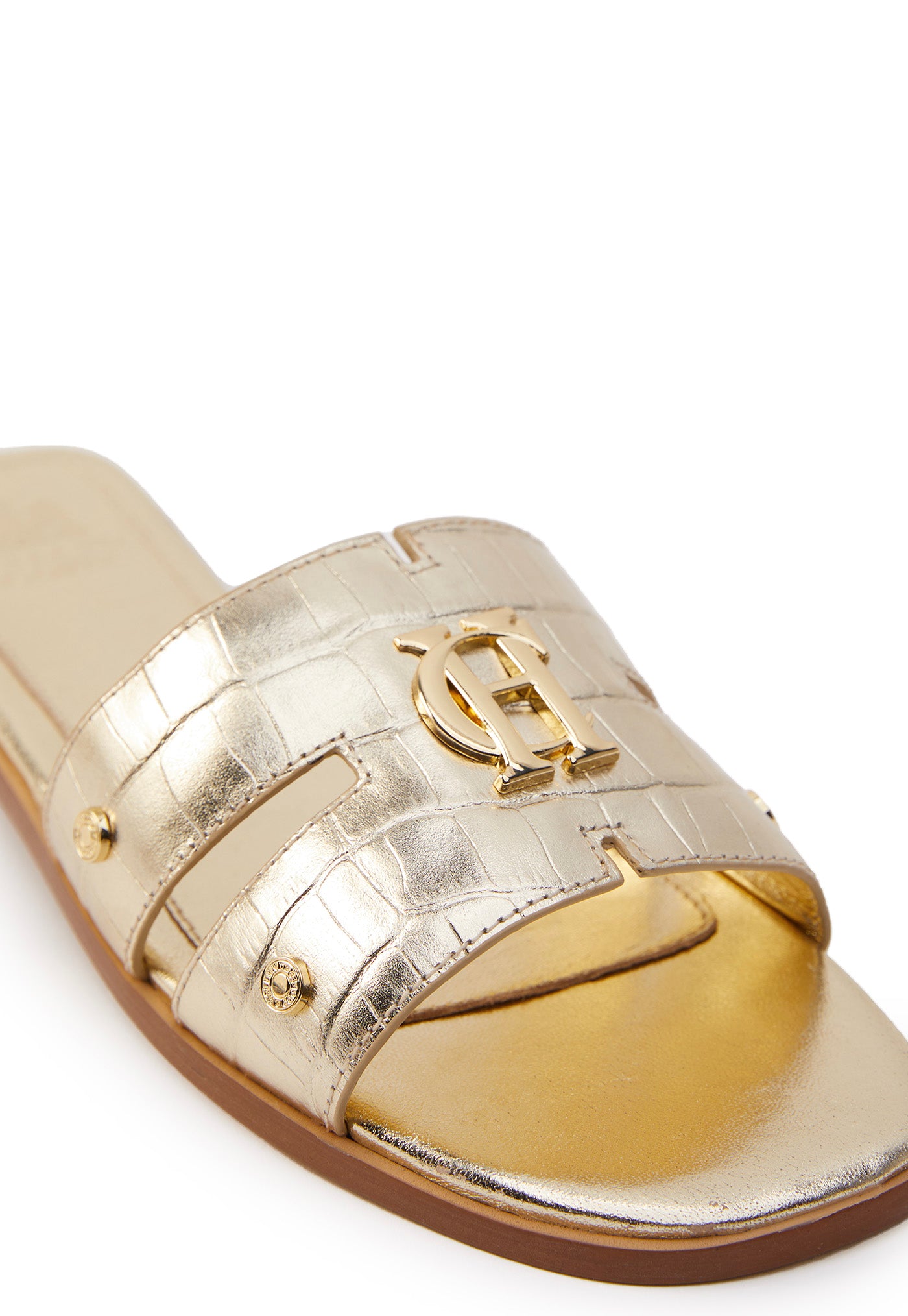 Monogram Slides - Gold Croc sold by Angel Divine