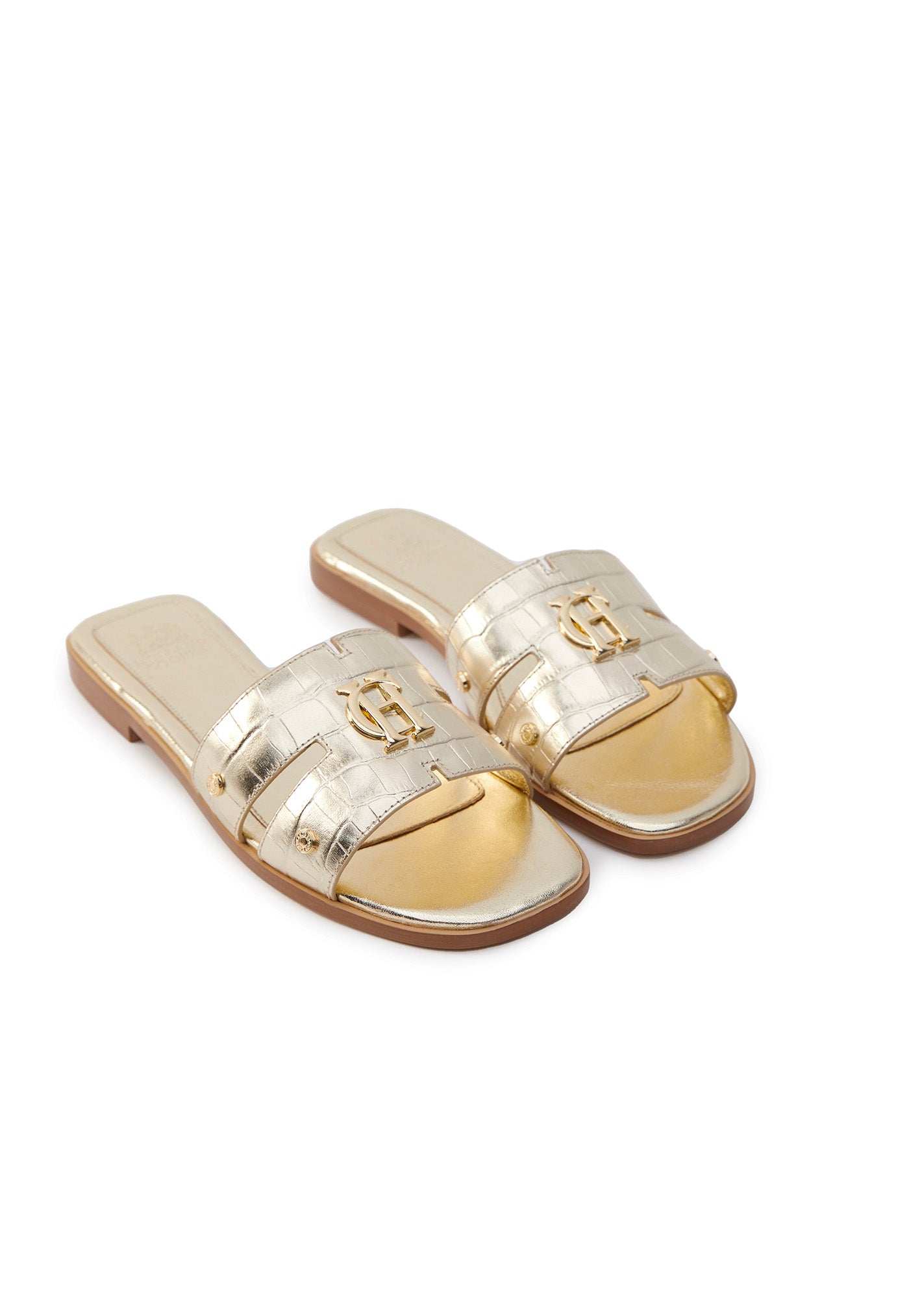 Monogram Slides - Gold Croc sold by Angel Divine