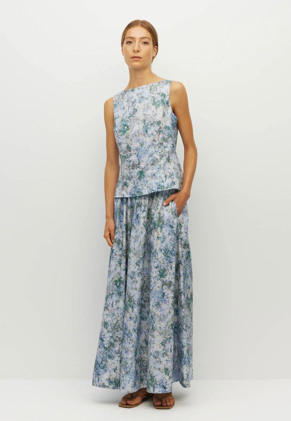 Juliette Hogan Bernie Top in Cloud Flower Cotton Frosted Sky, sleeveless printed cotton top with wide boat neckline and fitted silhouette.