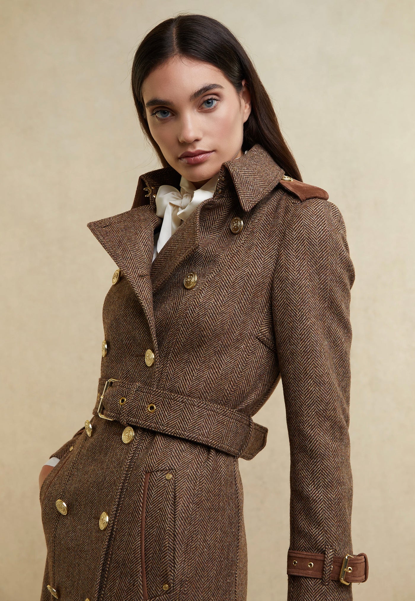 Marlborough Trench Coat Full Length - Large Scale Brown Herringbone
