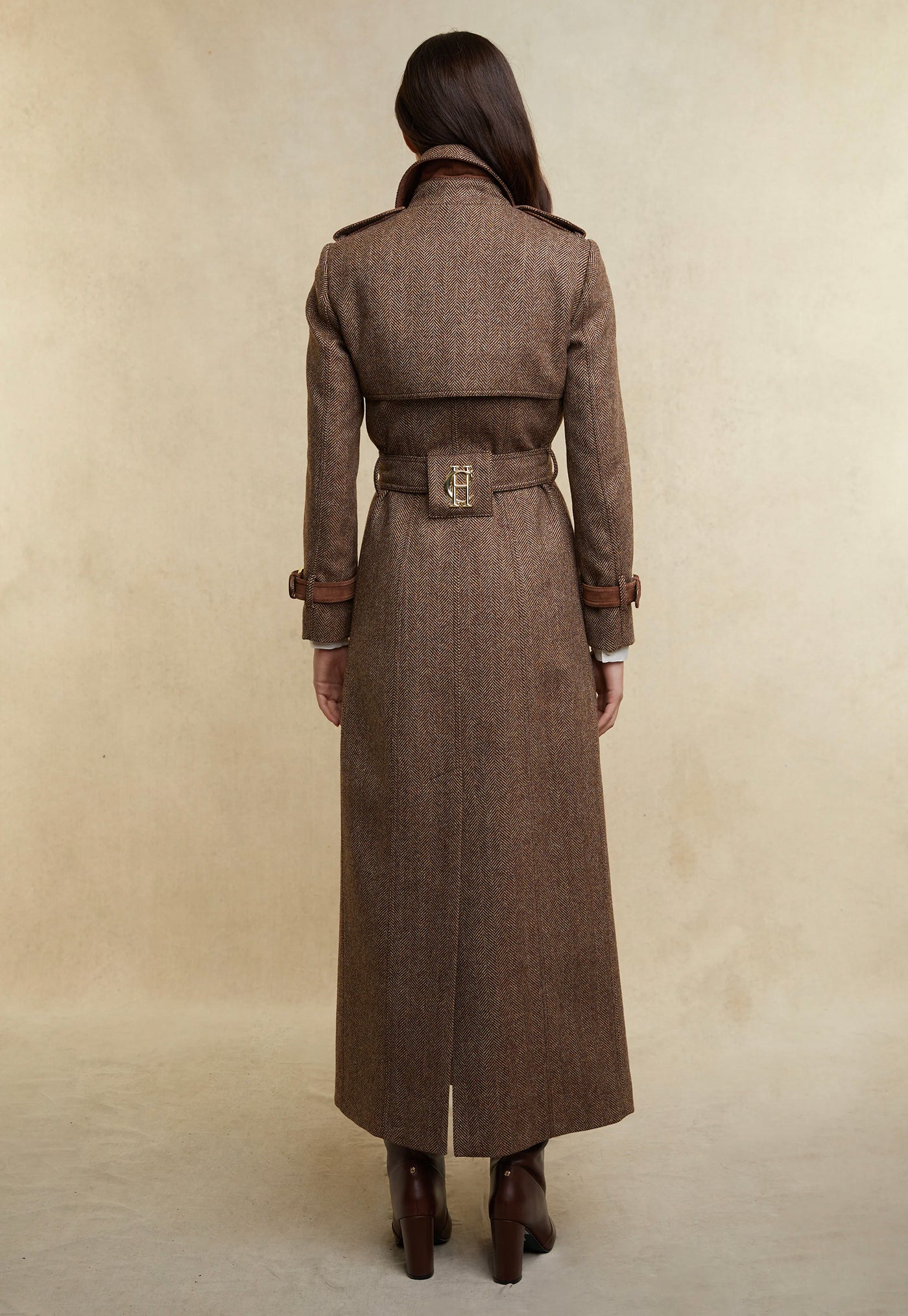 Marlborough Trench Coat Full Length - Large Scale Brown Herringbone