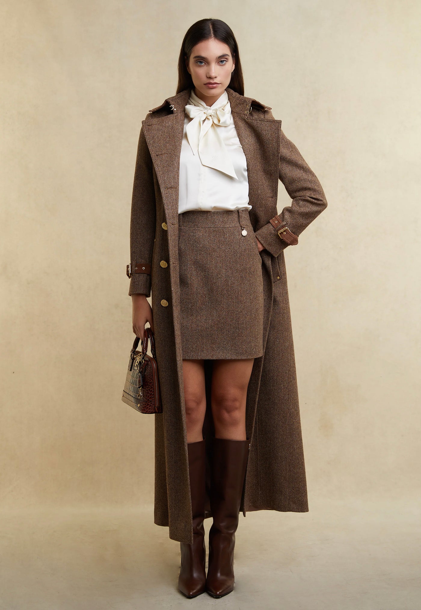 Marlborough Trench Coat Full Length - Large Scale Brown Herringbone