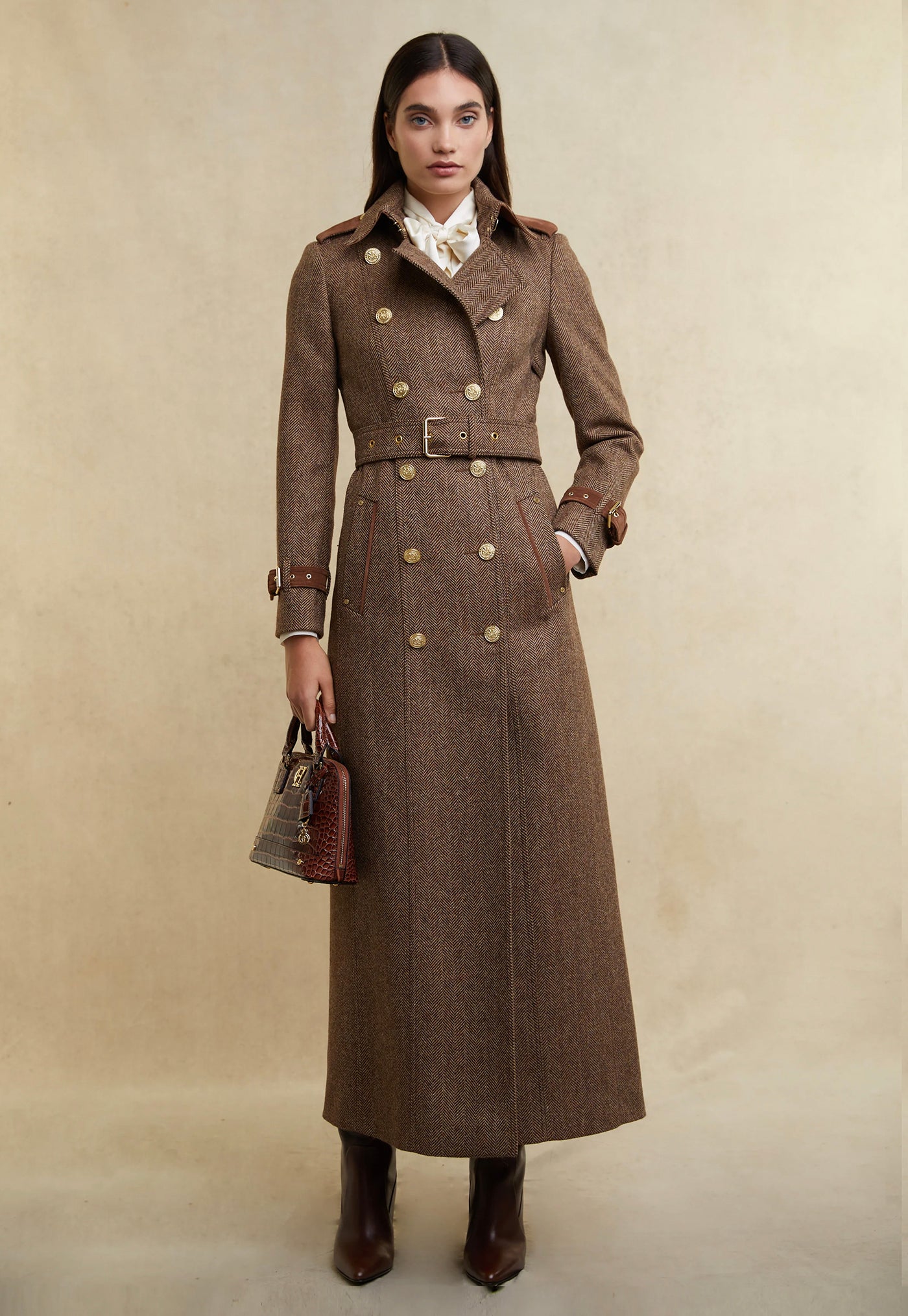 Marlborough Trench Coat Full Length - Large Scale Brown Herringbone