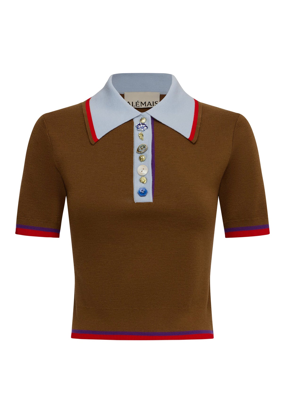 ALÉMAIS Josefina Knit Polo in Chocolate, women's wool knit polo top.