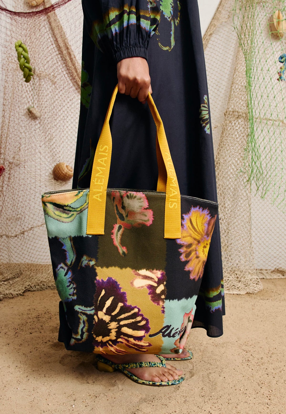 ALÉMAIS Martina Shopper Tote crafted from printed recycled cotton canvas with yellow jacquard straps.