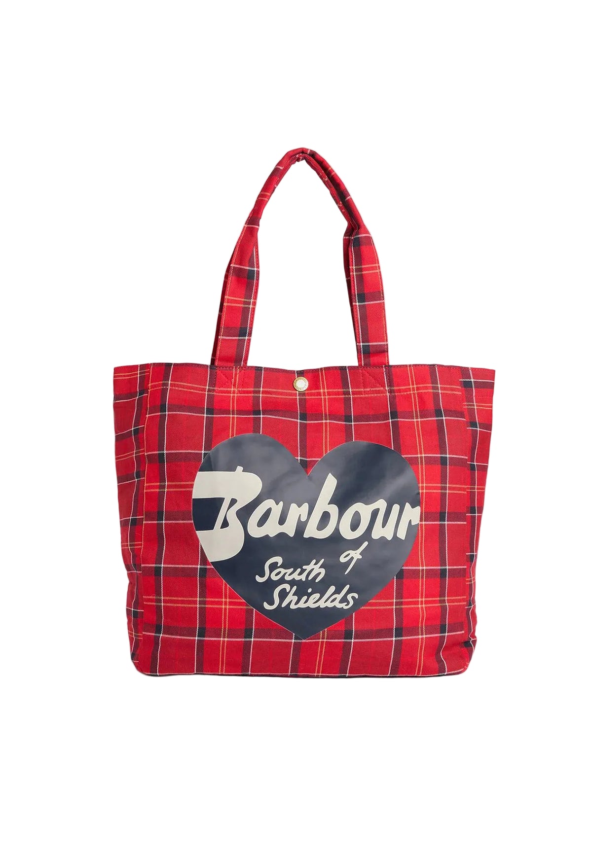 A red tartan tote bag with a large dark blue heart graphic on the front featuring the text 'Barbour South of England' in white, set against a plain light gray background.