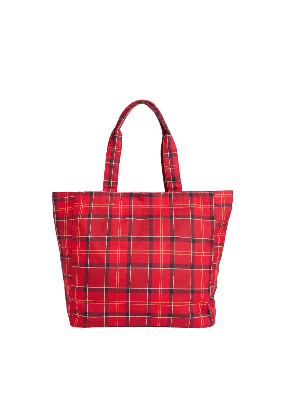 A red tartan plaid tote bag with two top handles, shown against a plain light gray background.