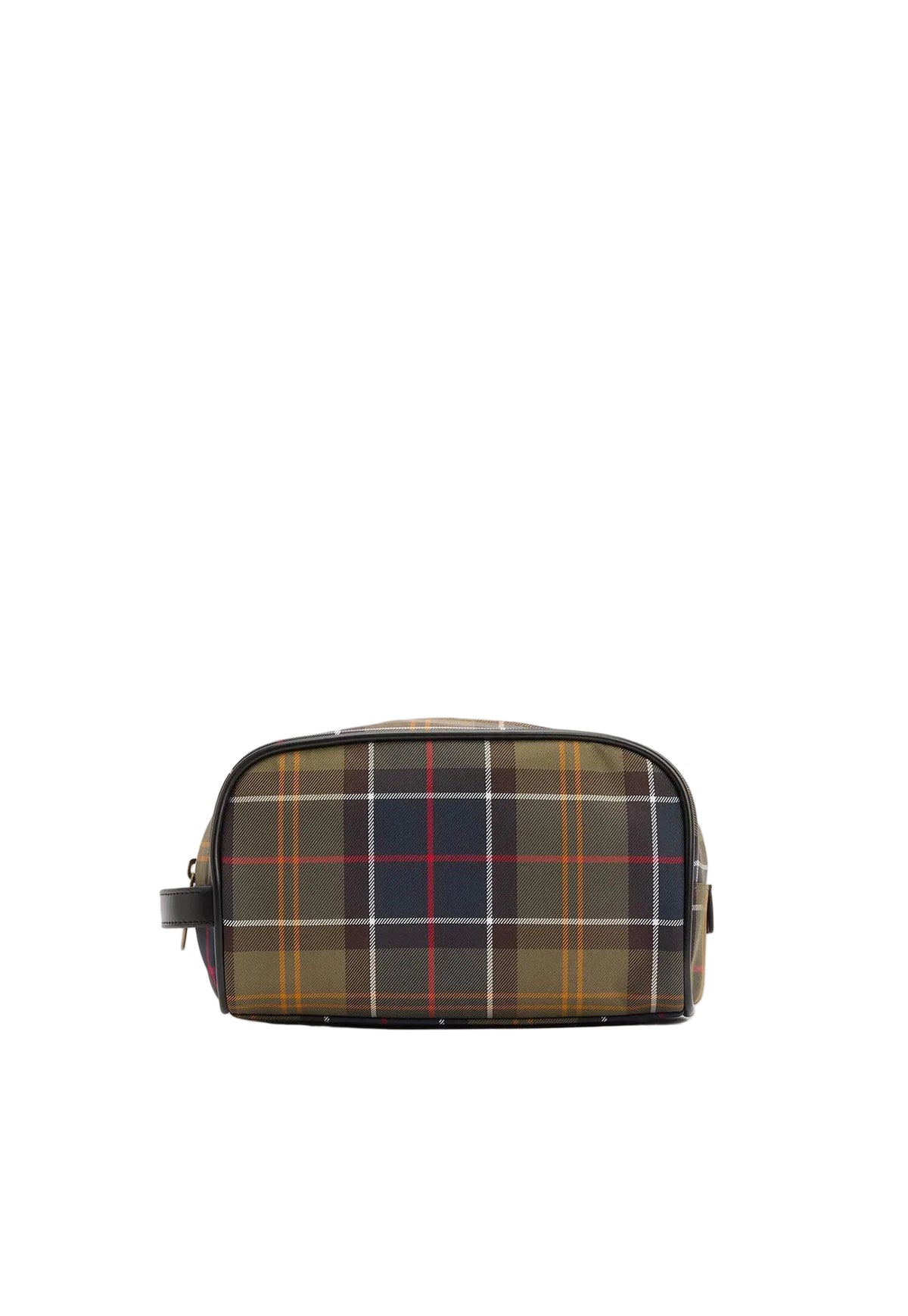 A rectangular toiletry bag with a classic tartan plaid pattern in brown, beige, navy, and red, featuring a black leather strap and gold-tone hardware, set against a plain light gray background.