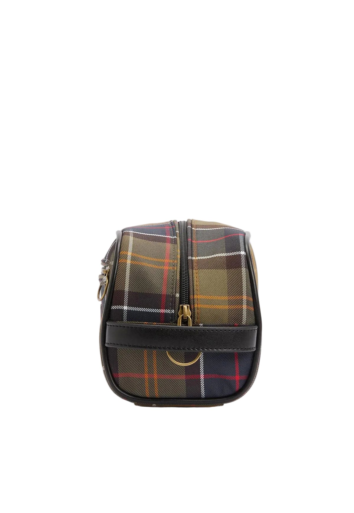 A small zippered toiletry bag in a classic tartan plaid pattern with black leather trim and gold-tone hardware, shown against a light gray background.
