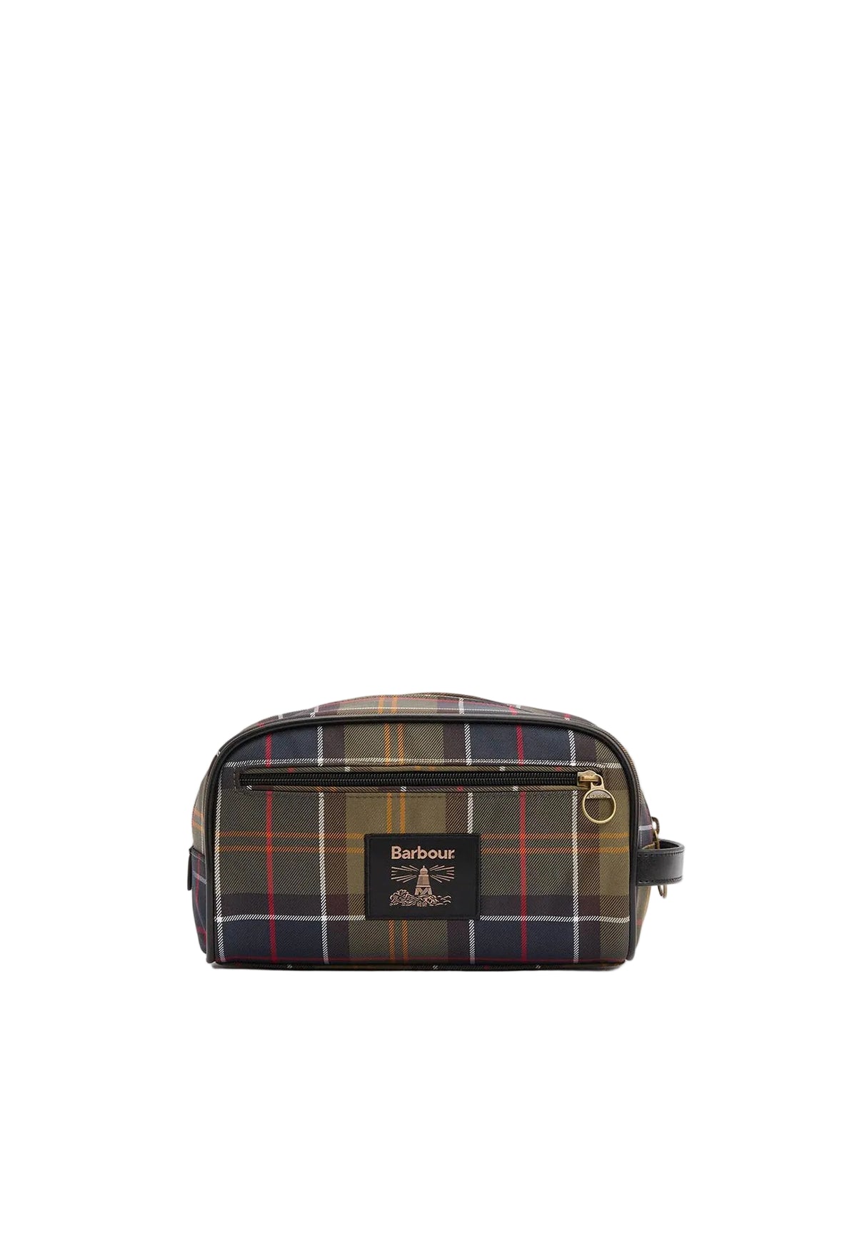 A Barbour toiletry bag in a classic tartan plaid pattern featuring black, gold, red, and blue stripes, with a black front patch displaying the Barbour brand logo.