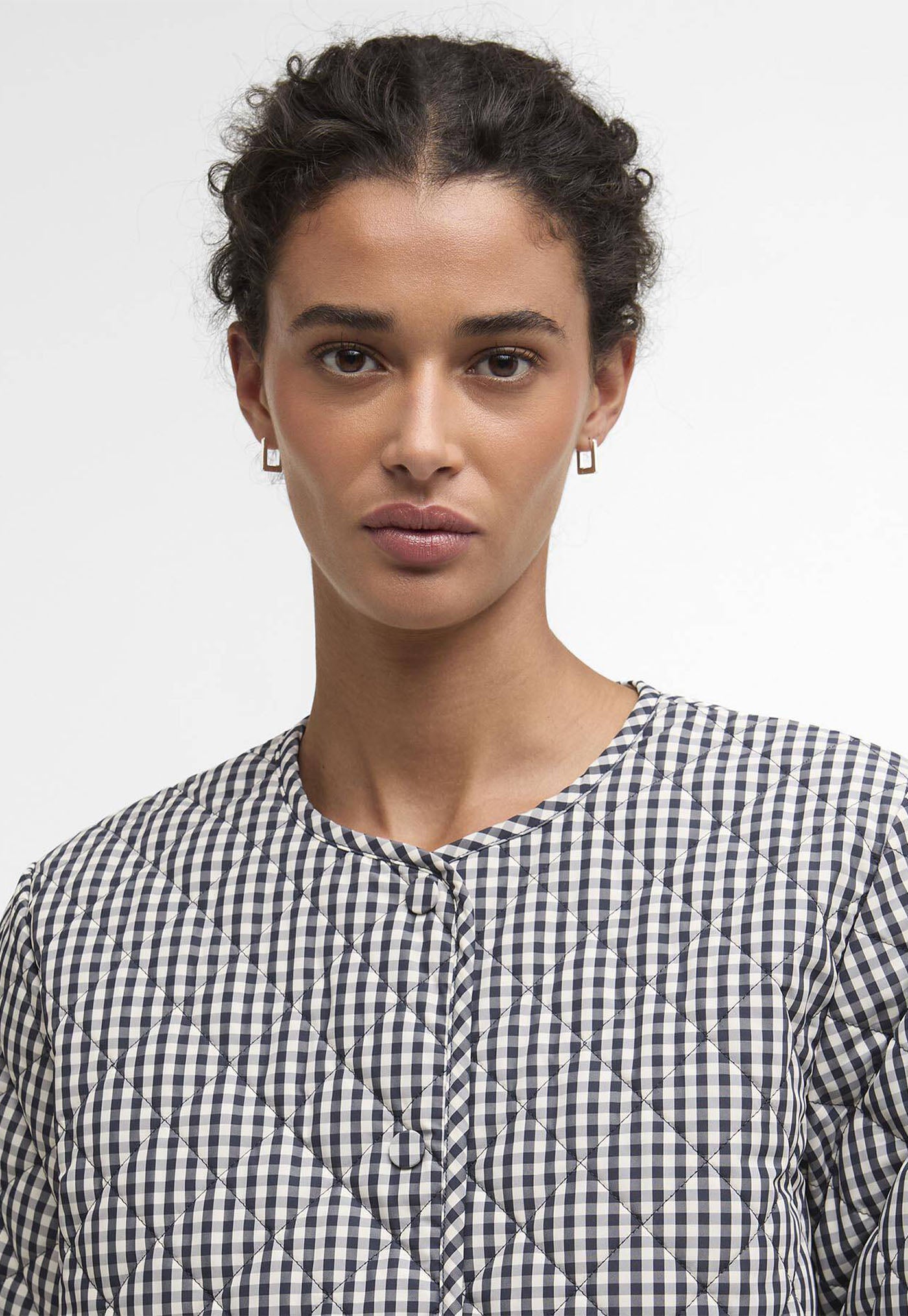 Cashel Check Collarless Quilted Jacket - Navy Gingham/Dark Navy