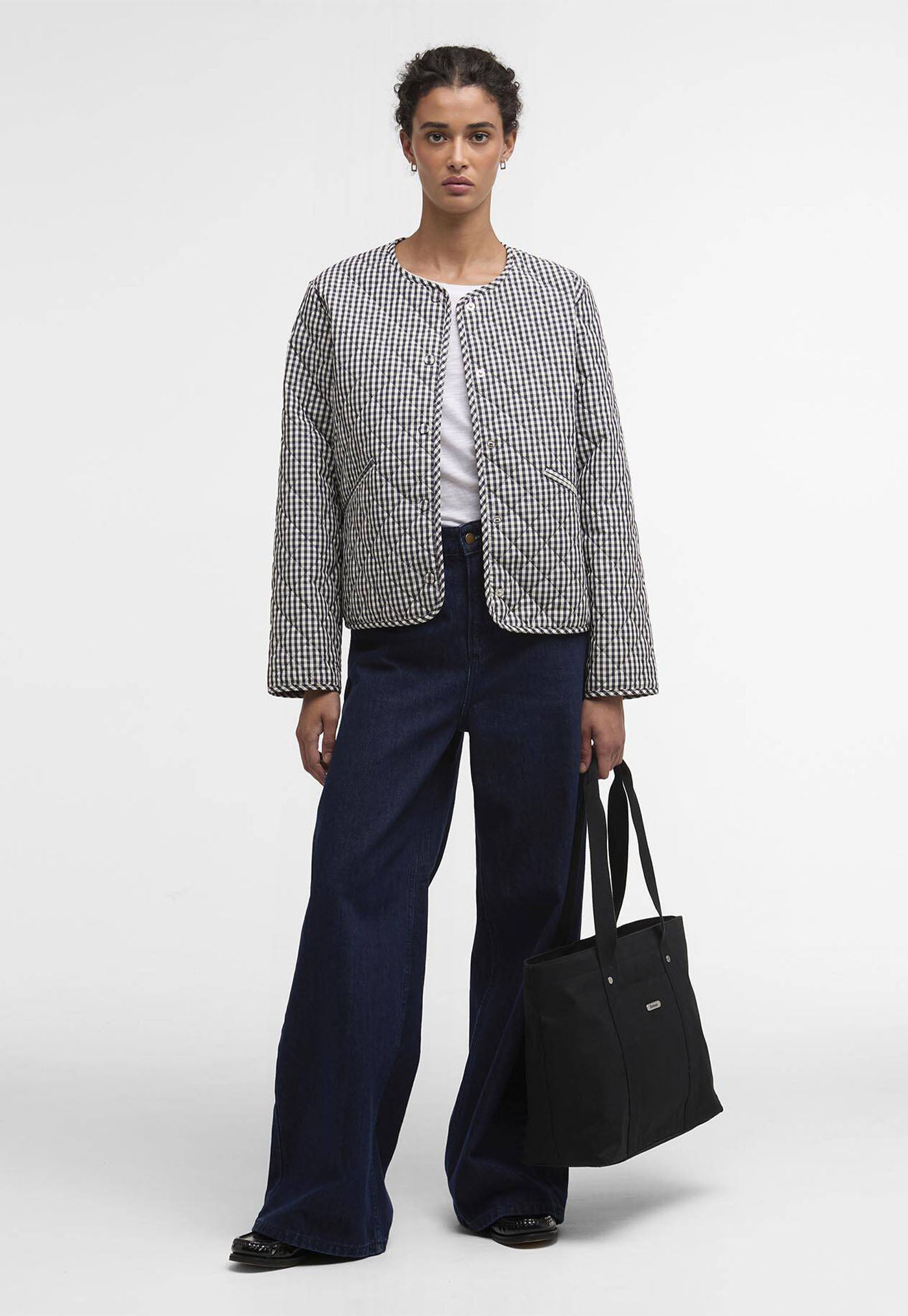 Cashel Check Collarless Quilted Jacket - Navy Gingham/Dark Navy