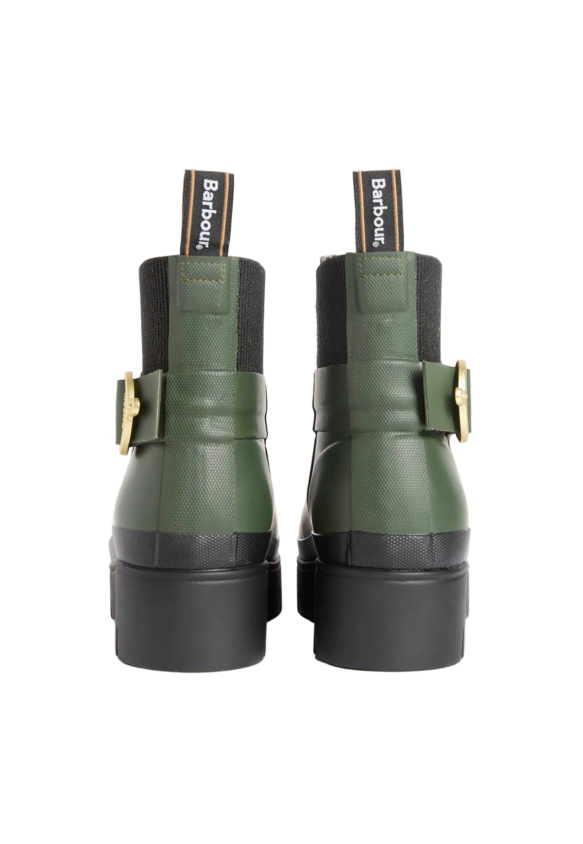 A pair of green and black platform ankle boots with gold buckle details, shown from the back on a light gray background. The brand name 'Barbour' is visible on the pull tabs.