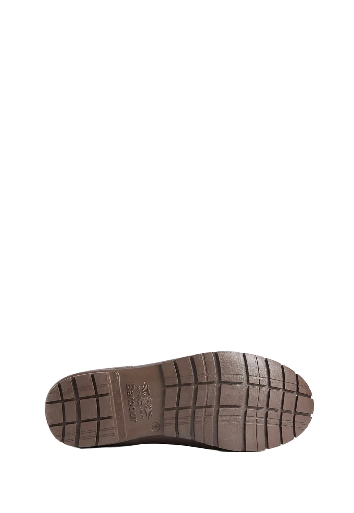 A close-up, bottom-up view of a brown shoe sole with a textured lug pattern, set against a plain light gray background.