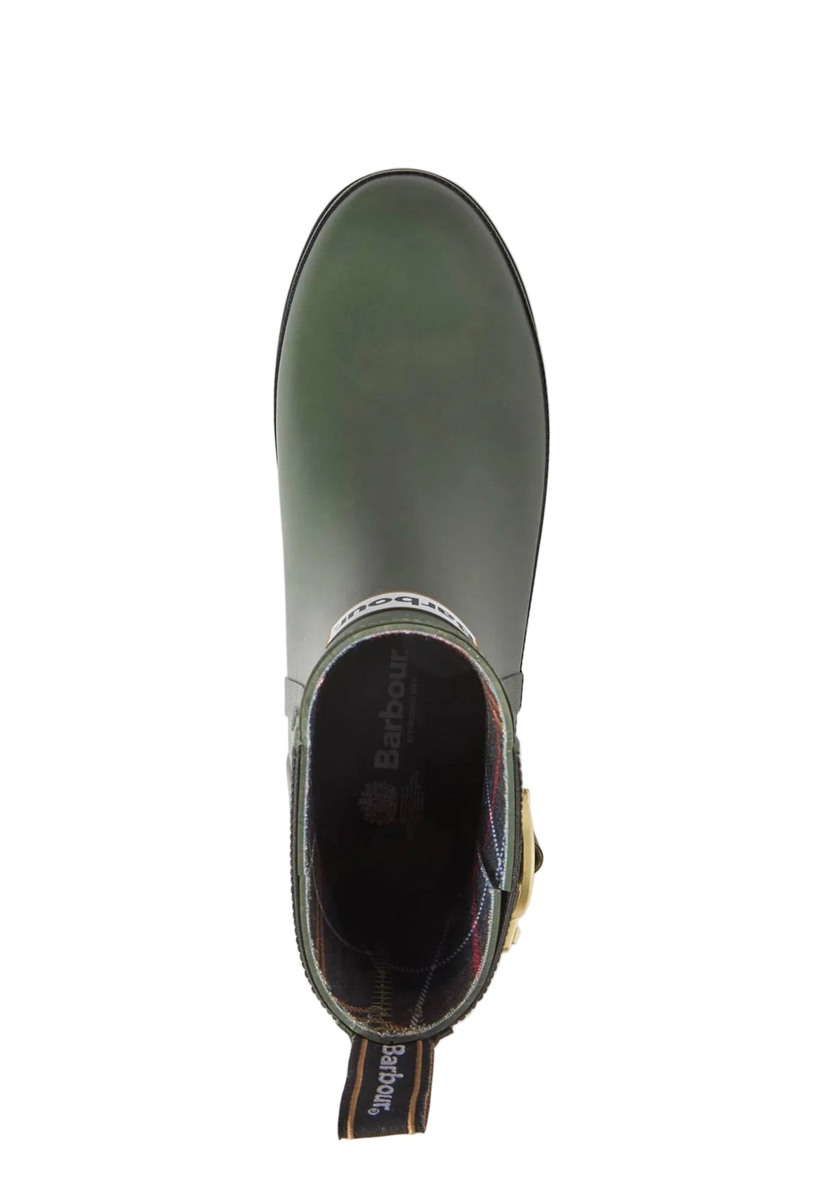 A single Barbour Chelsea boot in a dark olive green glossy finish, shown from a top-down view on a clean white background.