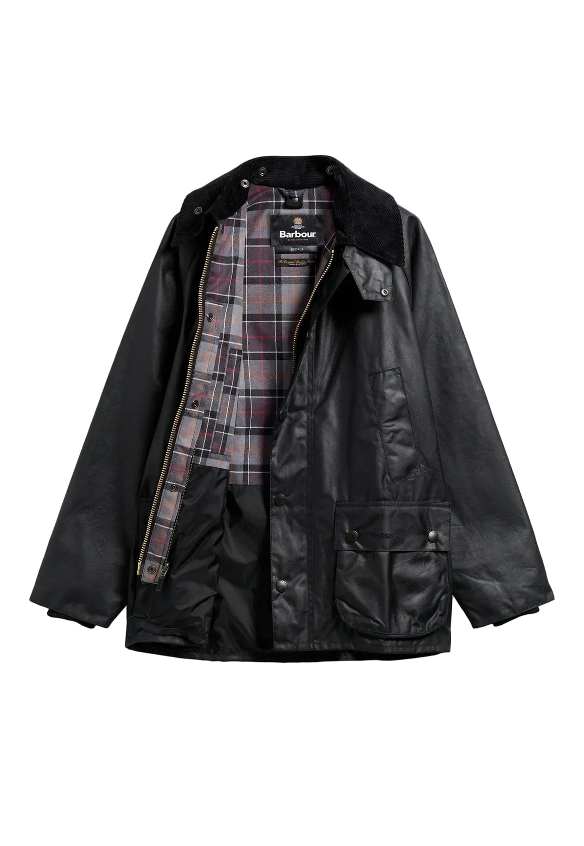 A black waxed leather Barbour jacket with a plaid lining, displayed flat against a light gray background.