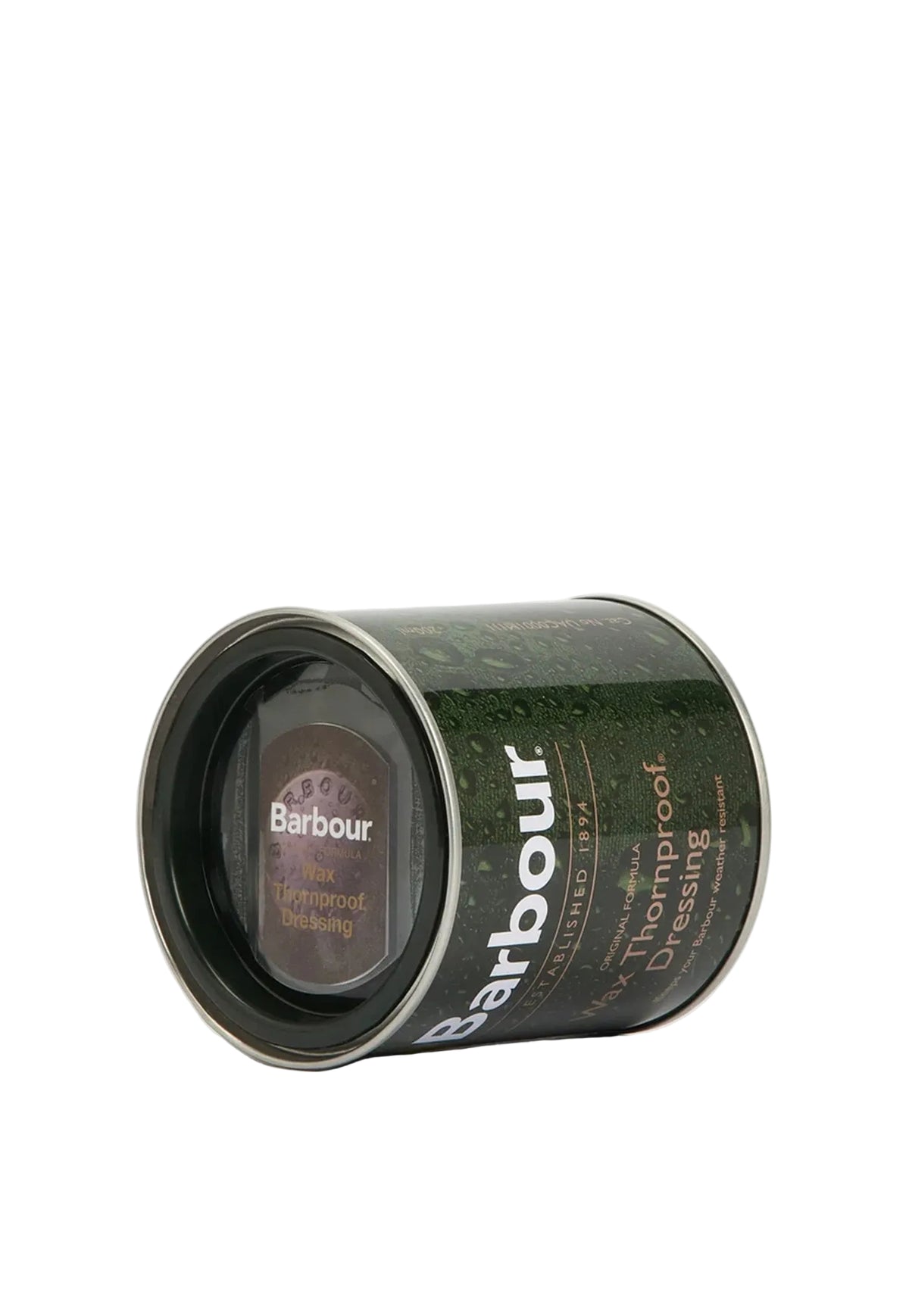 A can of Barbour Hair Permanant Dressing in the 'Dark Green' shade, shown on a clean white background.