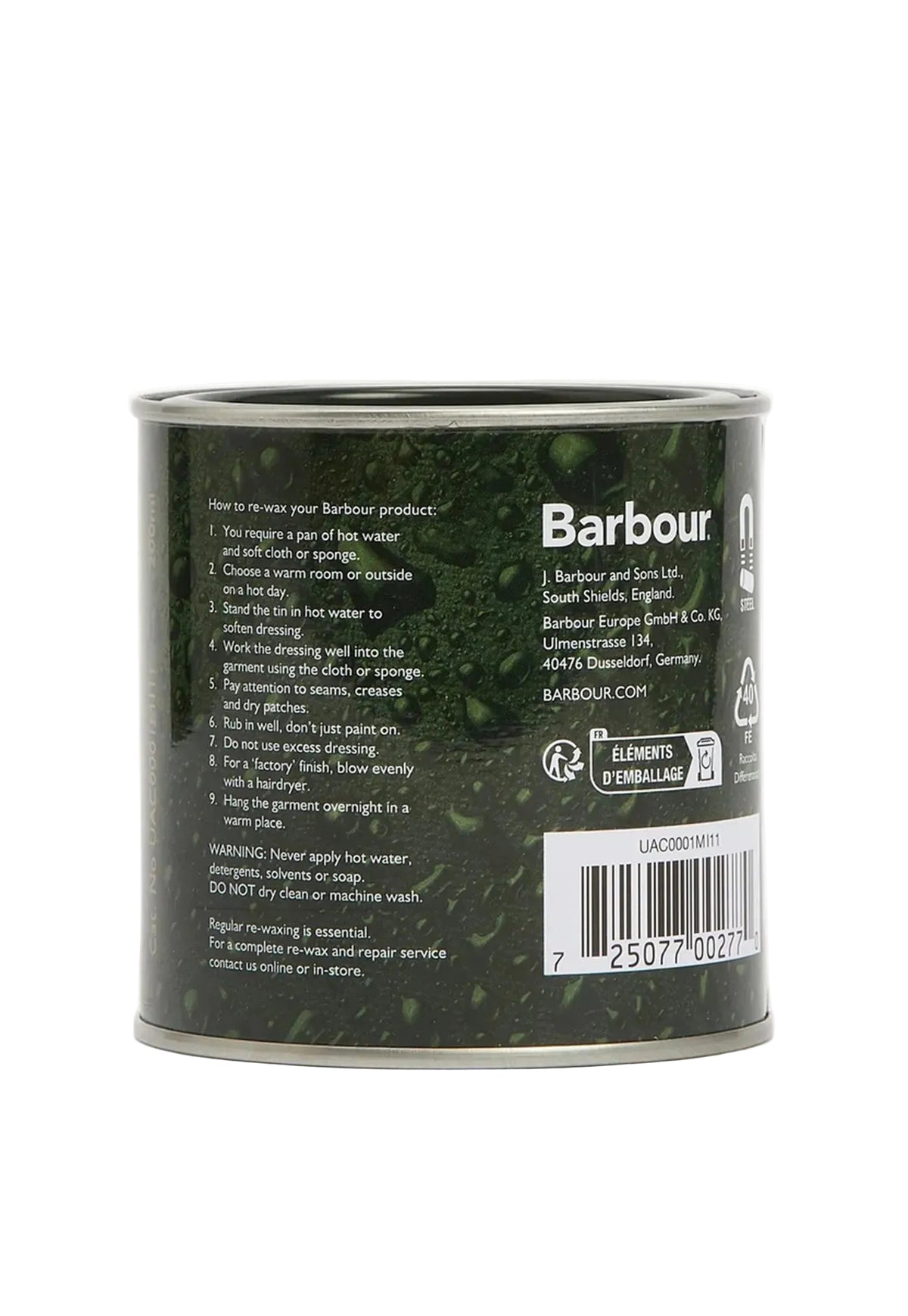 A cylindrical metal can of Barbour Blue Bell Softwood Finish Wood Finish, showing the dark green back label with text and a barcode on a light gray background.