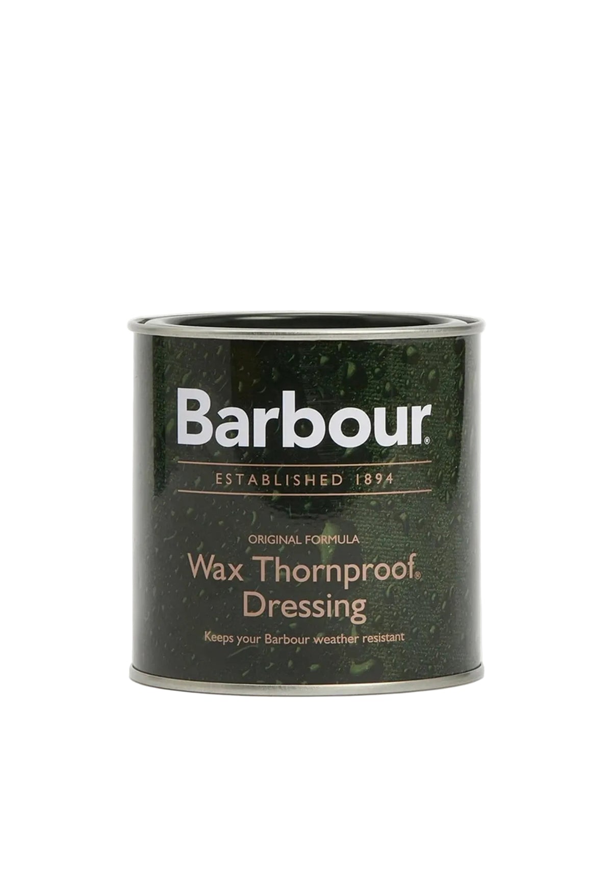 A silver metal can of Barbour Wax Thornproof Dressing, featuring a dark green label with white and gold text, set against a plain light gray background.